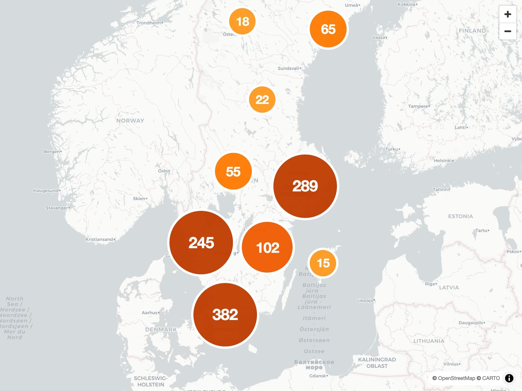 Karta över Sverige med orange cirklar som visar var Hemkodat genomfört aktiviteter och hur många på varje plats